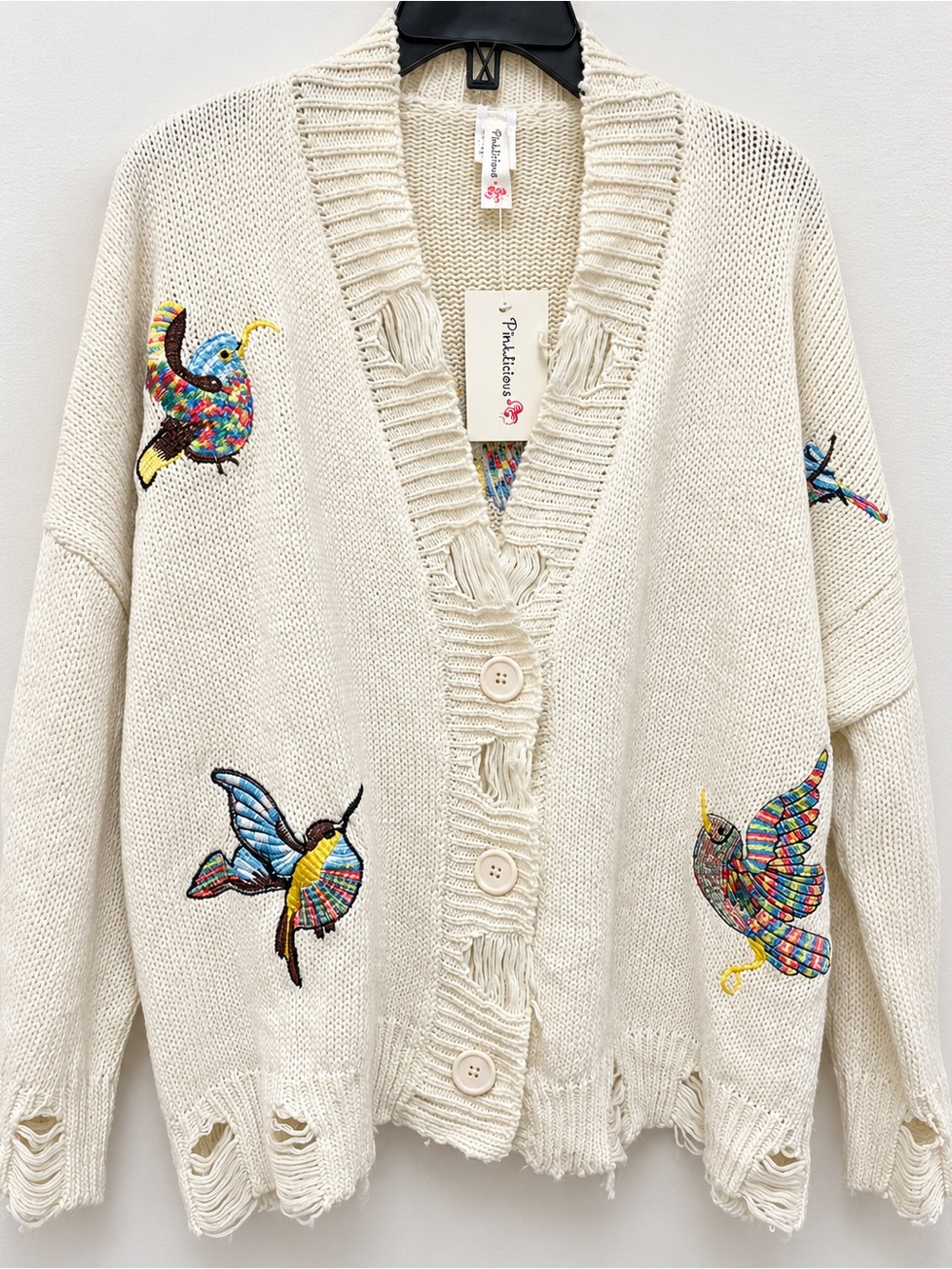 Cream Embroidered Bird Button-Front Cardigan
